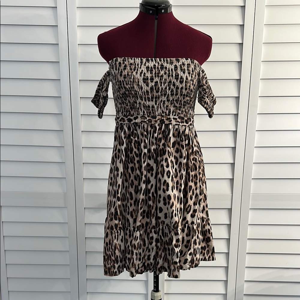 VENUS Brown Black Smocked leopard Mini Dress